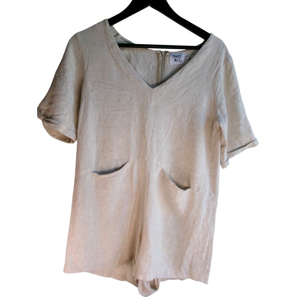 Princess Polly Linen Blend Romper Beige V Neck Pockets Size 8